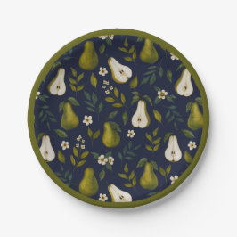 Prato De Papel Green Pear Watercolor Pattern on Dark Blue 