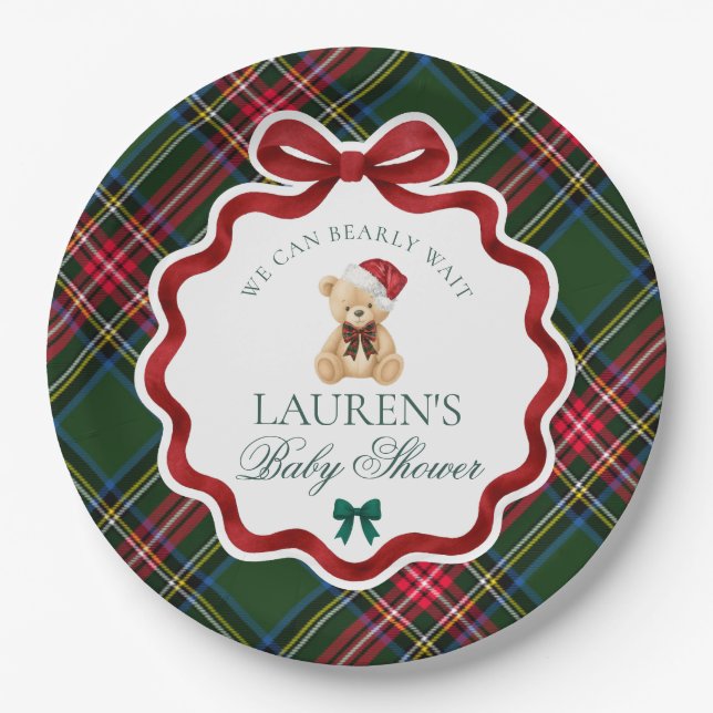 Prato De Papel Green Tartan Plaid Christmas Bear Baby Shower  (Frente)