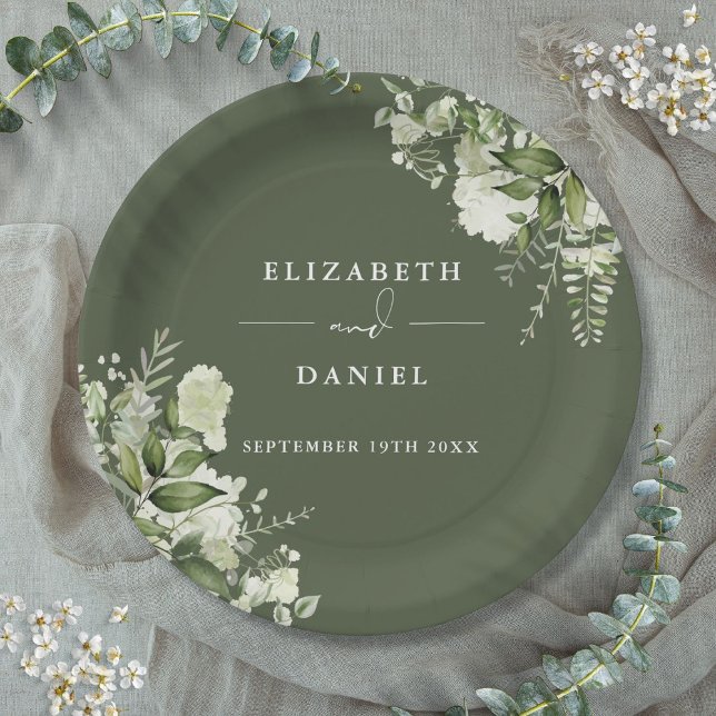 Prato De Papel Greenery Floral Elegante Casamento Verde (Greenery Floral Elegant Olive Green Wedding Paper Plates)