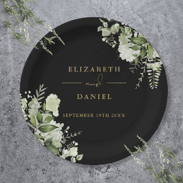 Prato De Papel Greenery Floral Elegante Negro E Casamento Dourado