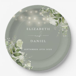 Prato De Papel Greenery Floral String Lights Sage Casamento Verde
