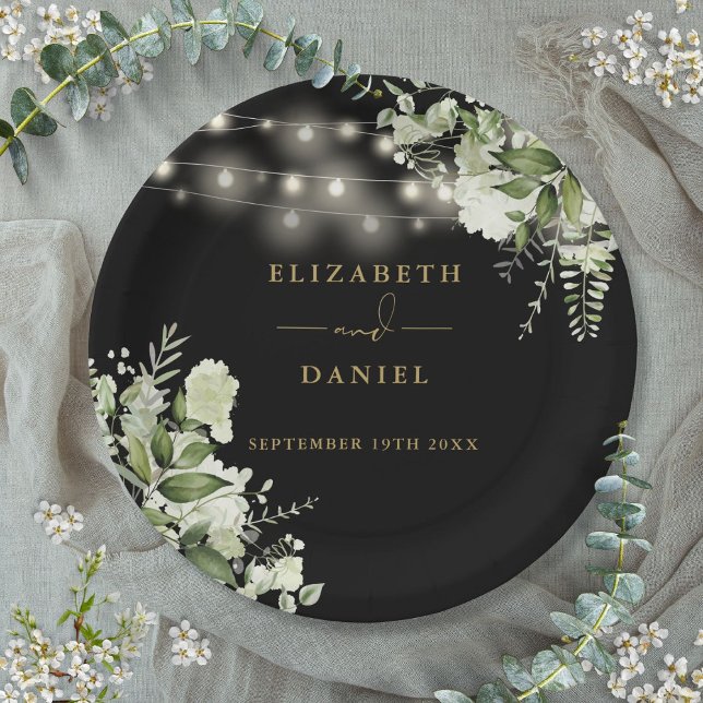 Prato De Papel Greenery Floral String Luz Dourada Negra (Greenery Floral String Lights Black Gold Wedding Paper Plates)