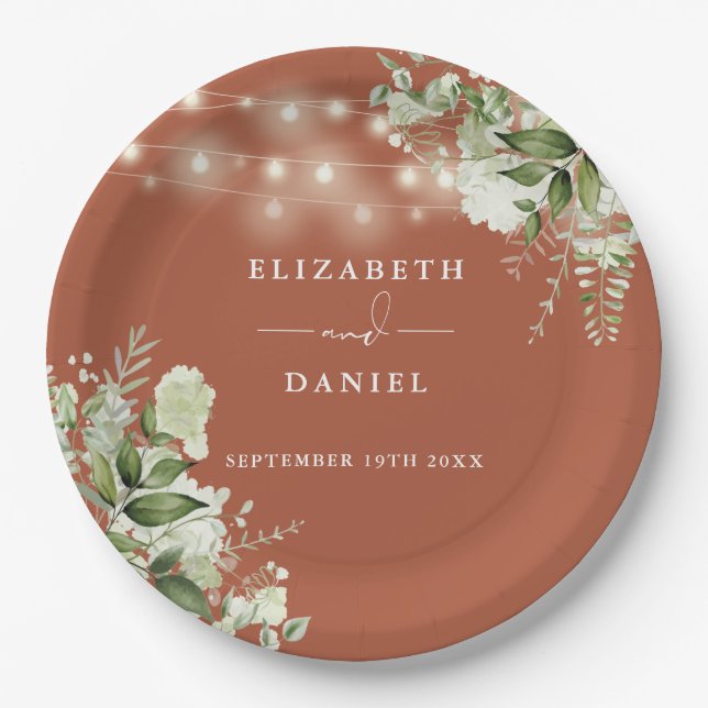 Prato De Papel Greenery Floral String Luzes Terracotta Casamento (Frente)