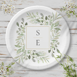 Prato De Papel Greenery Foliage Monogramas Iniciais Casamento