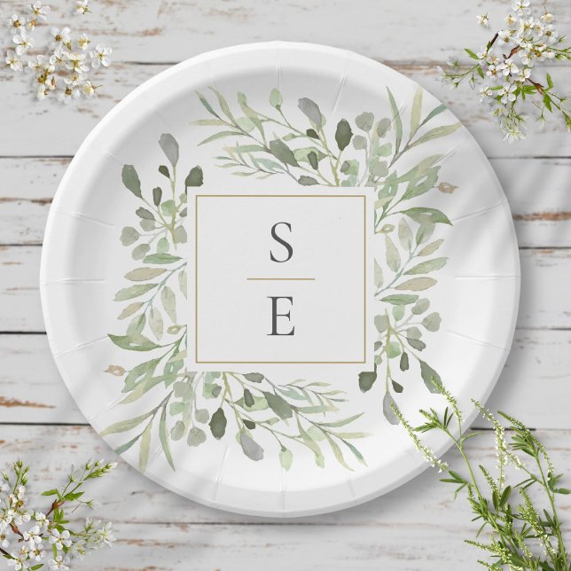 Prato De Papel Greenery Foliage Monogramas Iniciais Casamento (Greenery Foliage Monogram Initials Wedding Paper Plates)