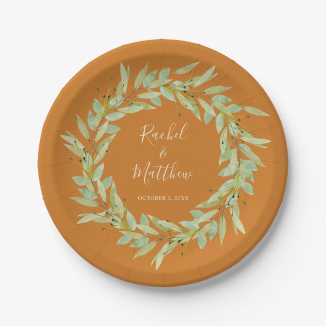 Prato De Papel Greenery Wreath sobre Ochre Wedding (Frente)