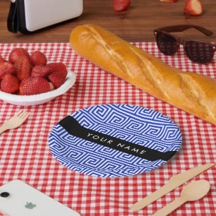 Prato De Papel Grego Meander Key Blue, Seu Nome, Personalize