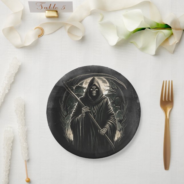 Prato De Papel Grim Reaper Black Grunge Halloween Festa (Casamento)