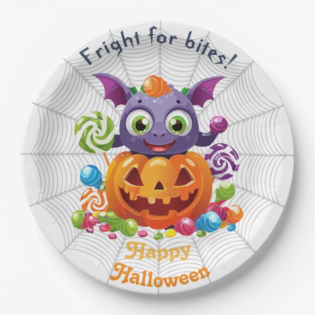 Prato De Papel Grimlin de Halloween com Doces de Doce ou Travesso (Frente)