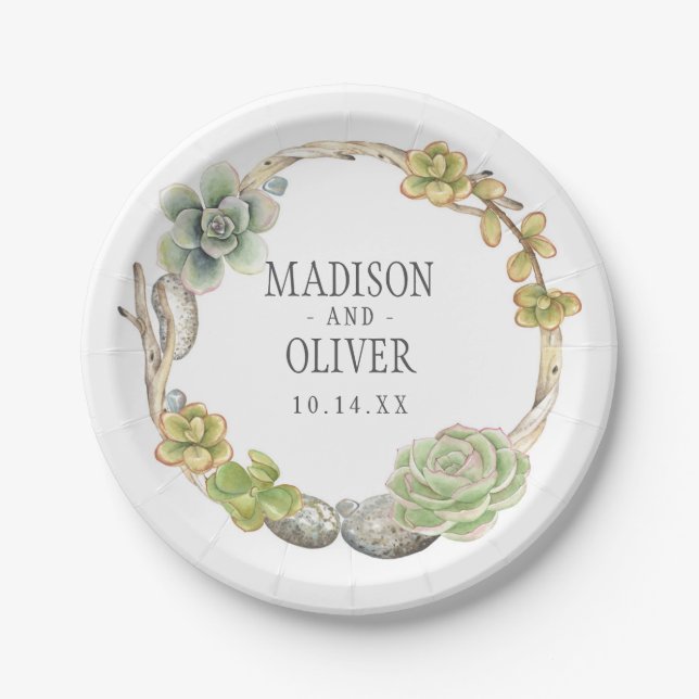 Prato De Papel Grinalda dos Succulents, dos galhos e das pedras | (Frente)