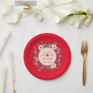 Prato De Papel Grinalda floral em círculo vermelho casamento chin