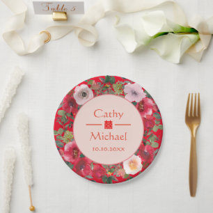 Prato De Papel Grinalda floral em círculo vermelho casamento chin