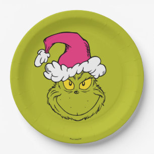 Prato De Papel Grinch com Chapéu de Papai Noel Rosa