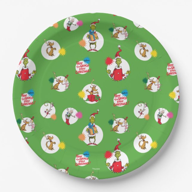Prato De Papel Grinch | Padrão de Pontos de Natal (Frente)