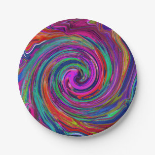 Prato De Papel Groovy Abstrato Retro Magenta Dark Rainbow Swirl