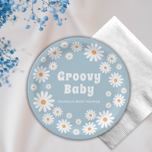 Prato De Papel Groovy Baby Boy Daisy 70s Chá de fraldas Retroativ (groovy baby shower paper plates flower power daisies blue retro)