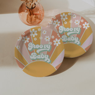 Prato De Papel Groovy Baby Retro Sunshine Chá de Bebê Hippie