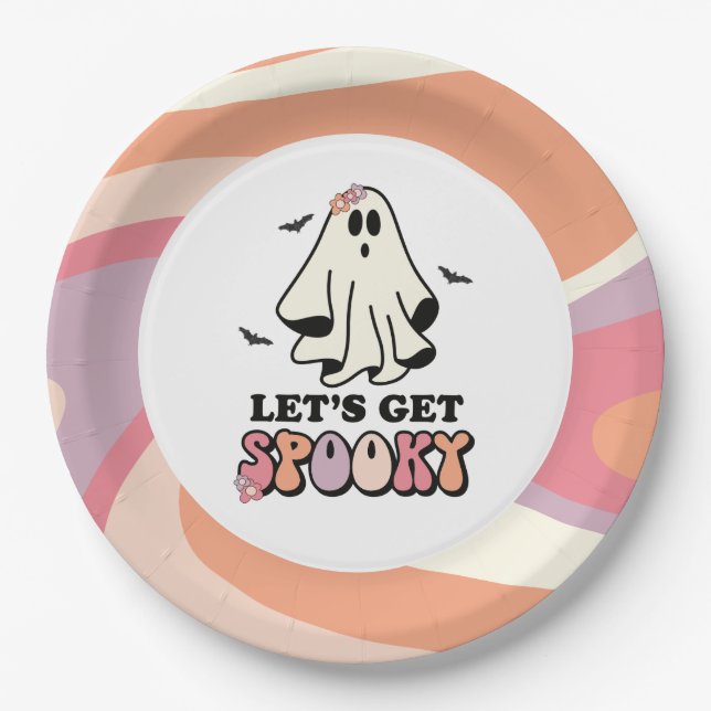 Prato De Papel Groovy Fantasma retro Halloween Aniversário (Frente)