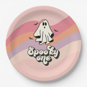 Prato De Papel groovy Fantasma retrô Halloween Assustador Um Aniv