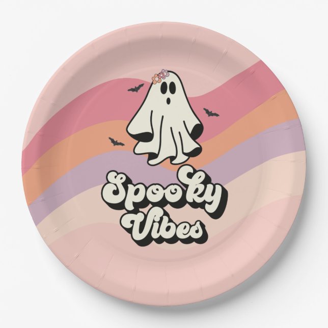 Prato De Papel groovy Fantasma retro Halloween Vibrações Assustad (Frente)