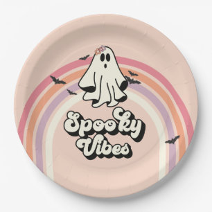 Prato De Papel groovy Fantasma retro Halloween Vibrações Assustad