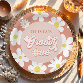 Prato De Papel Groovy One Boho Retro Daisy Party - primeiro anive