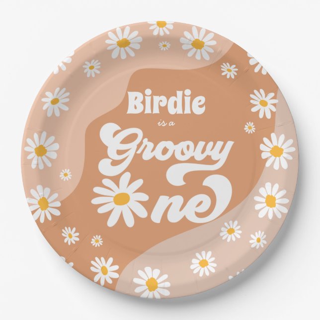 Prato De Papel Groovy One Party Boho Retro Daisy  (Frente)