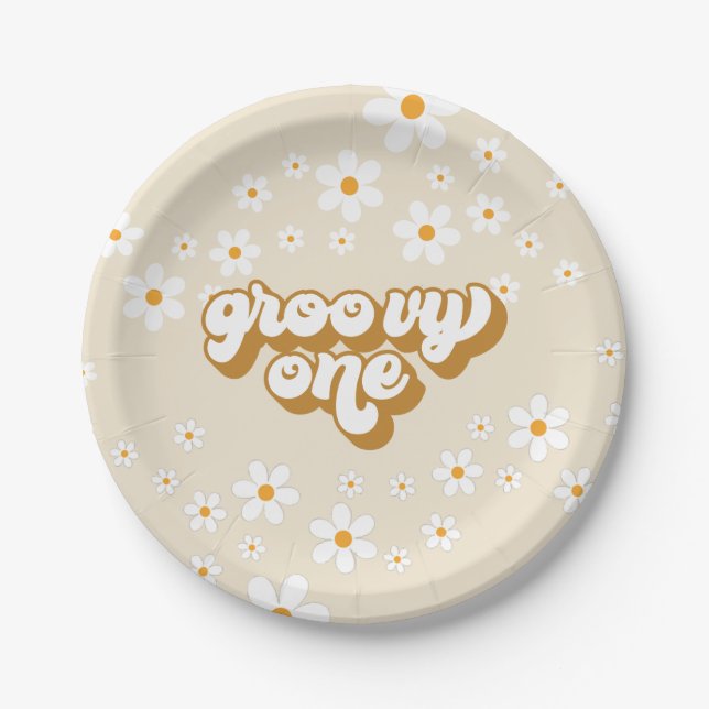 Prato De Papel Groovy One Retro Daisy 1º Aniversário (Frente)