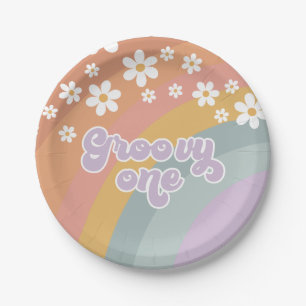 Prato De Papel Groovy One Retro Rainbow Paper Plates