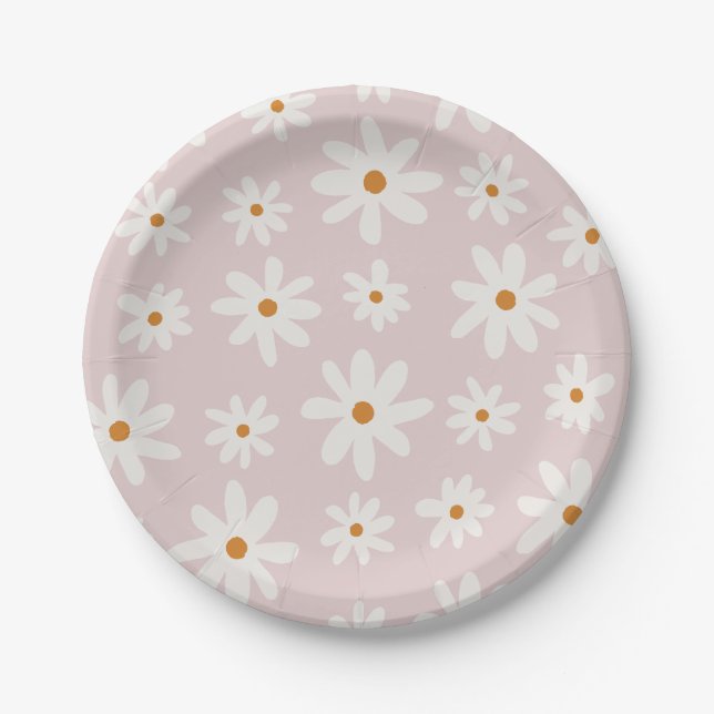 Prato De Papel Groovy Retro Blush Daisy Rosa (Frente)