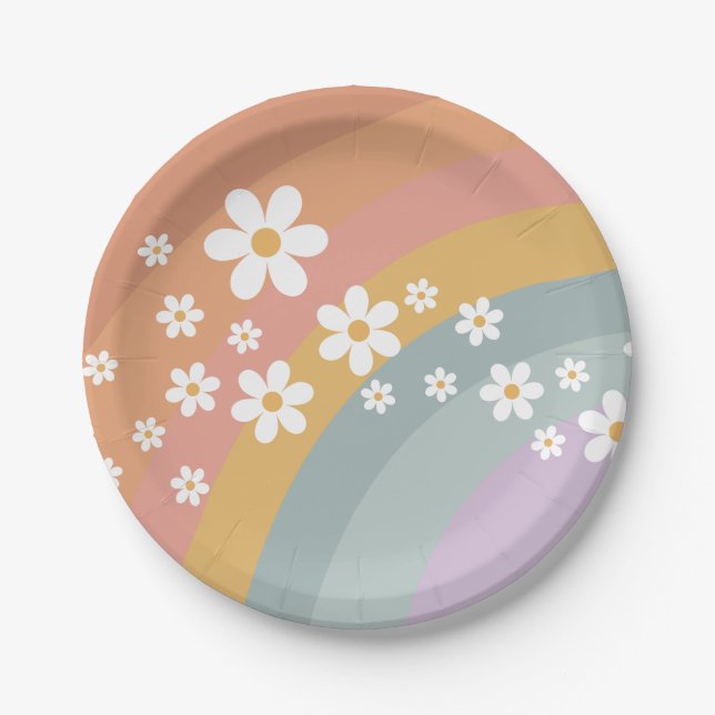 Prato De Papel Groovy Retro Rainbow e Daisy Paper Plate (Frente)