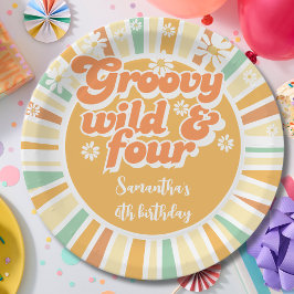 Prato De Papel Groovy selvagem e quatro aniversário de crianças d
