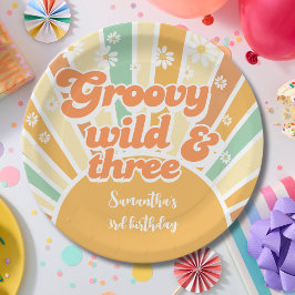 Prato De Papel Groovy selvagem e três aniversário de crianças sol