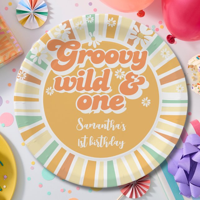 Prato De Papel Groovy selvagem e um sol retrô para o aniversário  (Criador carregado)