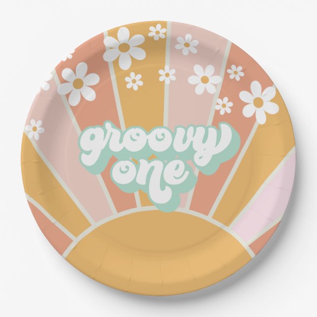 Prato De Papel Groovy Um Retro Sunshine margarida boho (Frente)