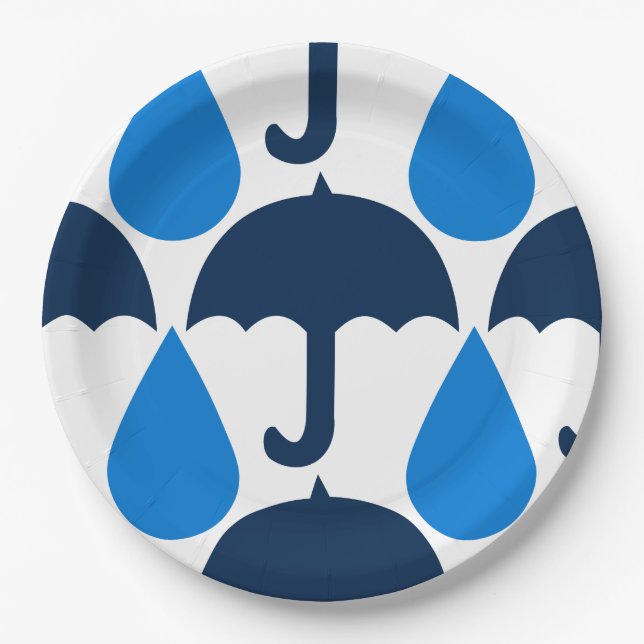 Prato De Papel Guarda-chuva Azul e Desenho de Padrão de Gota de C (Frente)