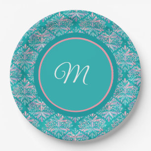 Prato De Papel Guardanapos com padrão azul-turquesa monogramados