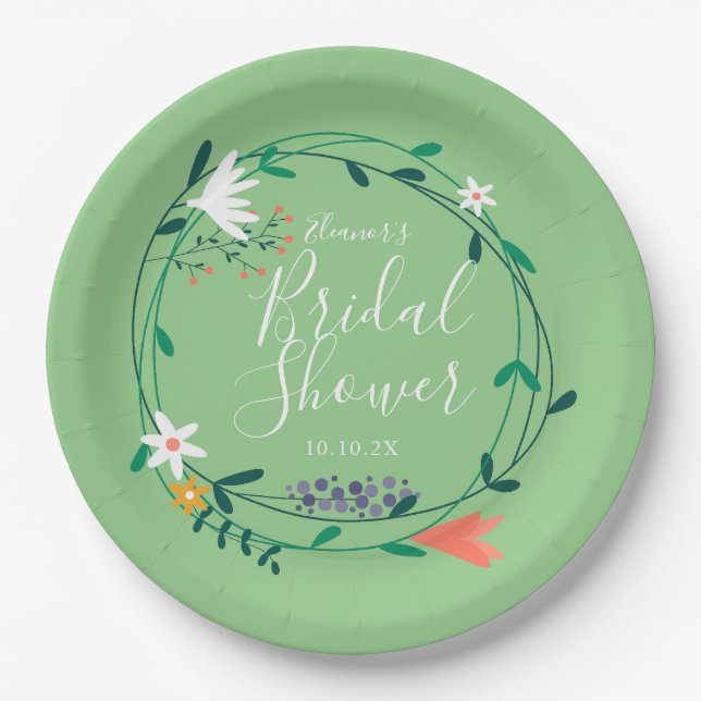 Prato De Papel Guirlanda Floral Moderna Chuveiro de Noiva com Let (Frente)