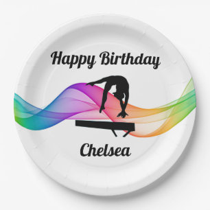 Prato De Papel Gymnastics Beam Swirl Feliz Aniversário Placas