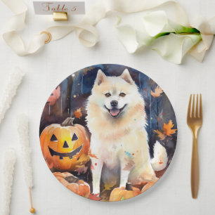Prato De Papel Halloween American Akita Com Abóboras Assustador