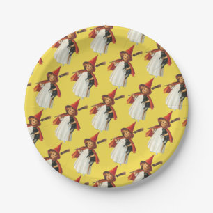 Prato De Papel Halloween antigo, bruxa com gato preto