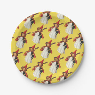 Prato De Papel Halloween antigo, bruxa com gato preto