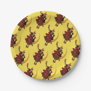 Prato De Papel Halloween antigo, bruxa com gato preto