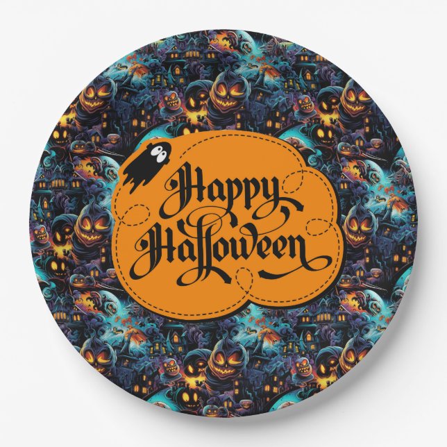 Prato De Papel Halloween Azul  (Frente)