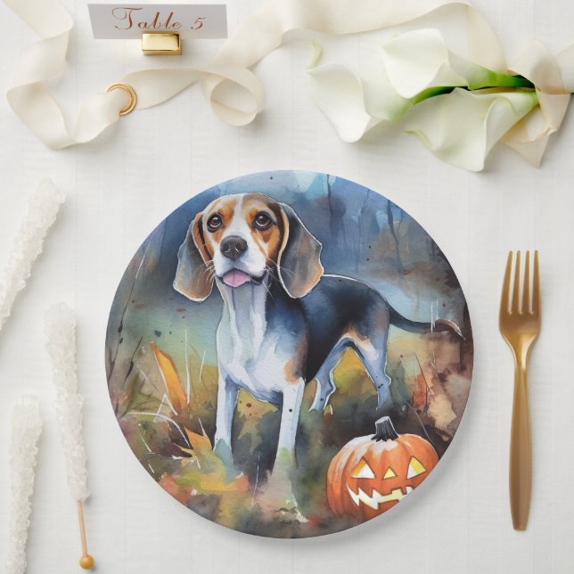 Prato De Papel Halloween Beagle Com Pumpkins Assustado (Casamento)