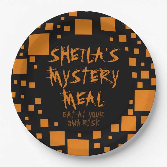 Prato De Papel Halloween Black Orange Squares Name Spooky Comida (Frente)