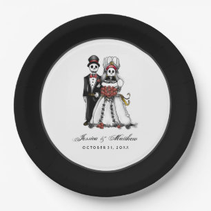 Prato De Papel Halloween Black & White Red Skeletons Corresponden