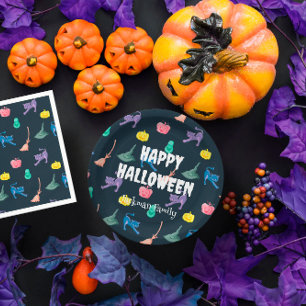 Prato De Papel Halloween bonito, personalizável com morcegos e ar