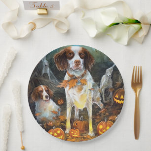 Prato De Papel Halloween Brittany Spaniel Com Abóboras Assustador