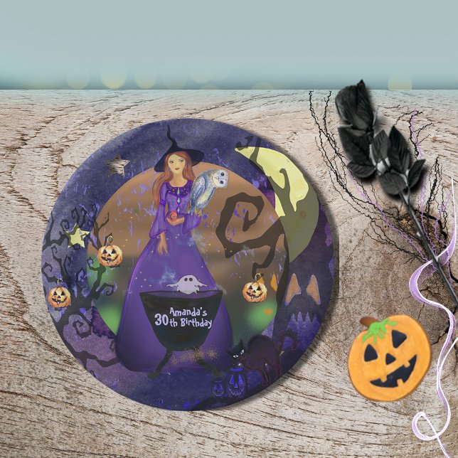 Prato De Papel Halloween Bruxa Roxo Aniversário (Halloween Witch Purple Birthday Paper Plates)